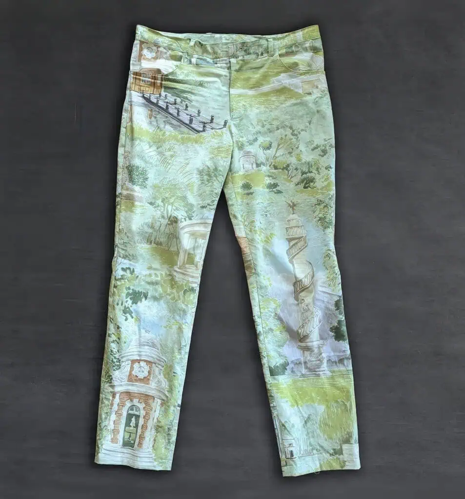 Men's trousers with landscape print, straight fit, cotton fabric, front view.